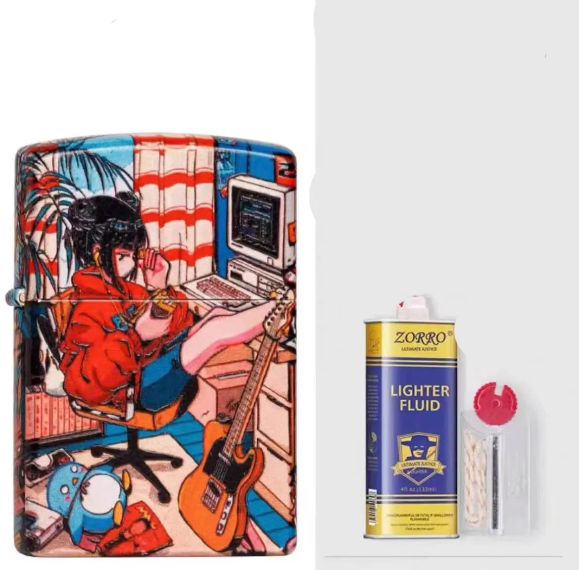 Windproof kerosene lighter with artistic design, steel and copper construction, 58x39x13mm dimensions
