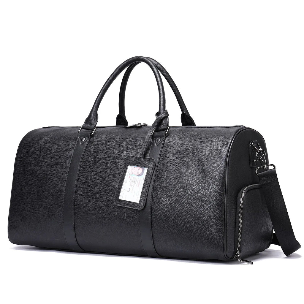 Men's leather excursion bag in black and coffee colours showing 44cm and 55cm size options