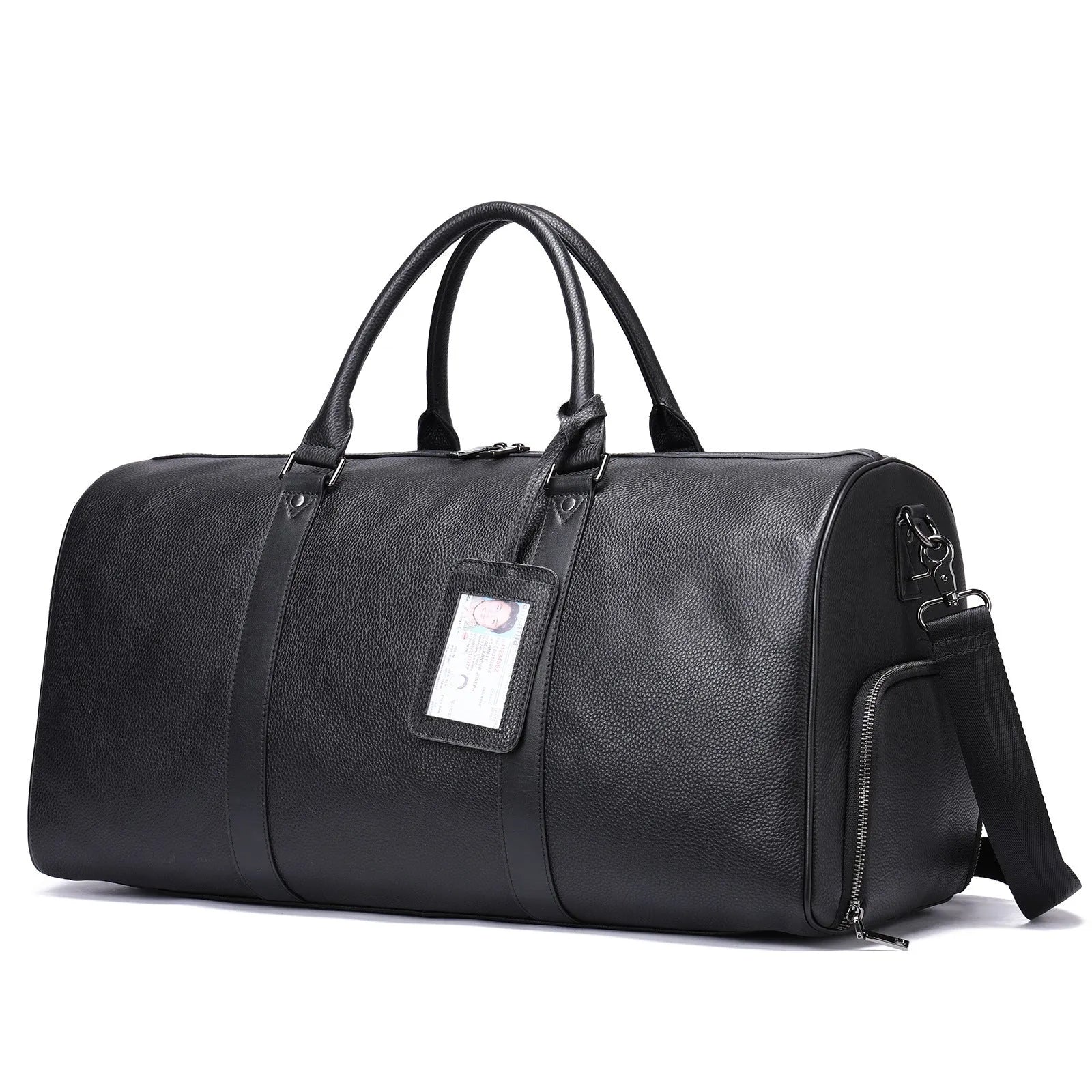 Men's leather excursion bag in black and coffee colours showing 44cm and 55cm size options