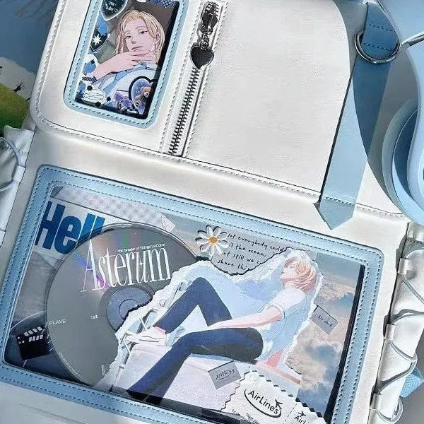 Qingkong blue and white PU backpack with large food intake compartment and double pain window for leisure travel