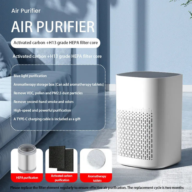 Simple style USB desktop air purifier and deodorant machine with panel heating on a desk.