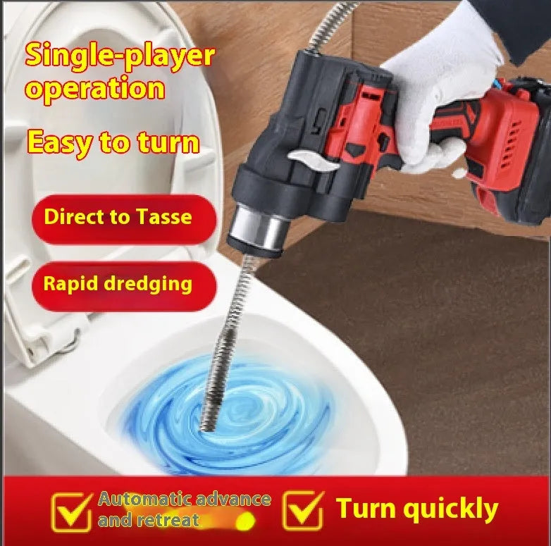 Electric pipe unclogger with 21V automatic feed and 7.5m steel spring bag for drain clearing