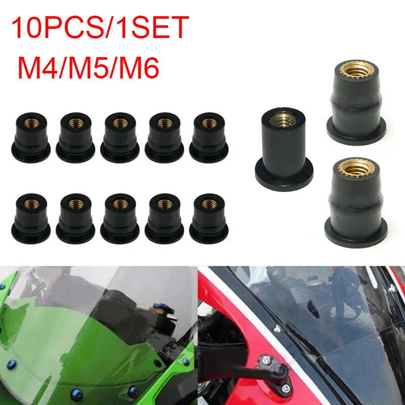 Brass motorcycle windshield nuts with black rubber expansion sleeves in three metric sizes