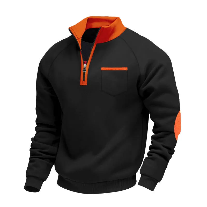 Men's fleece-lined zip-up stand collar patchwork sweatshirt in dark gray, front view, casual long-sleeve top