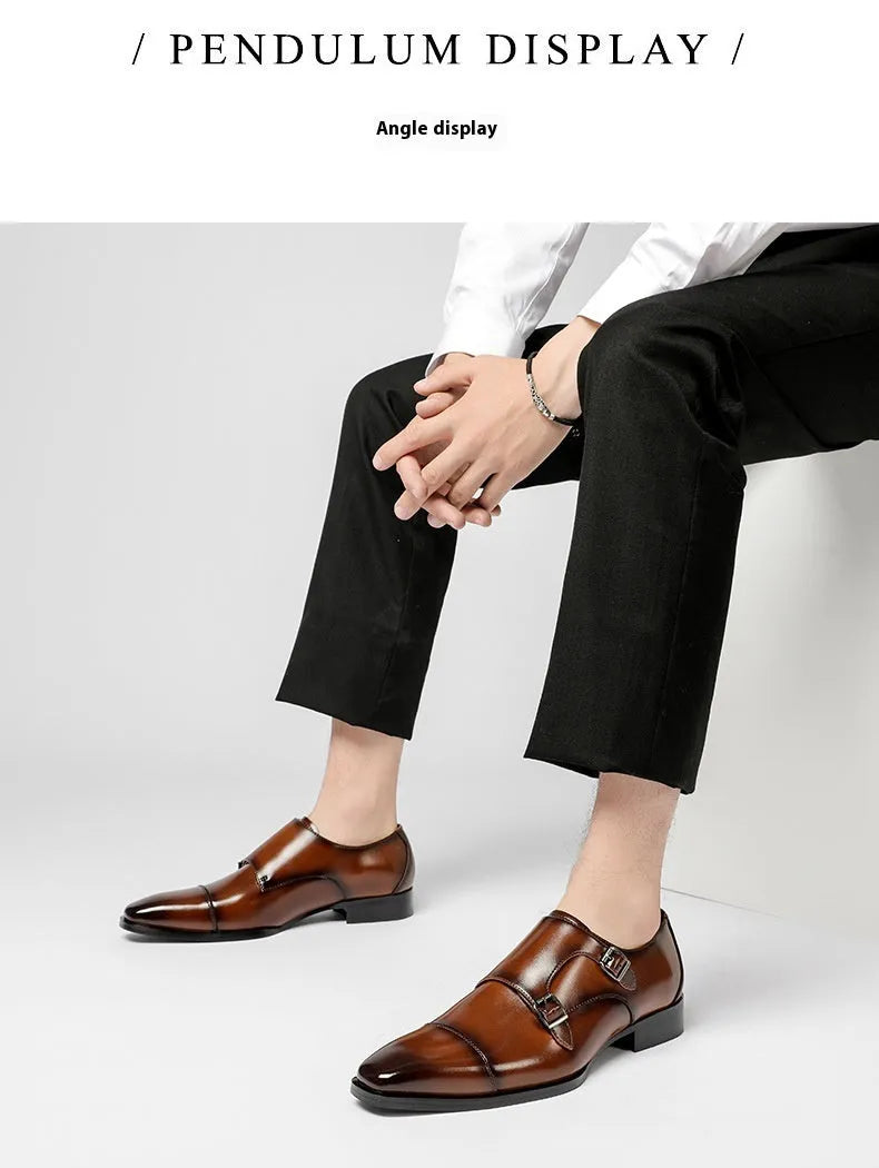 Men's black and light brown leather shoes with square toe and rubber sole in British gentleman style