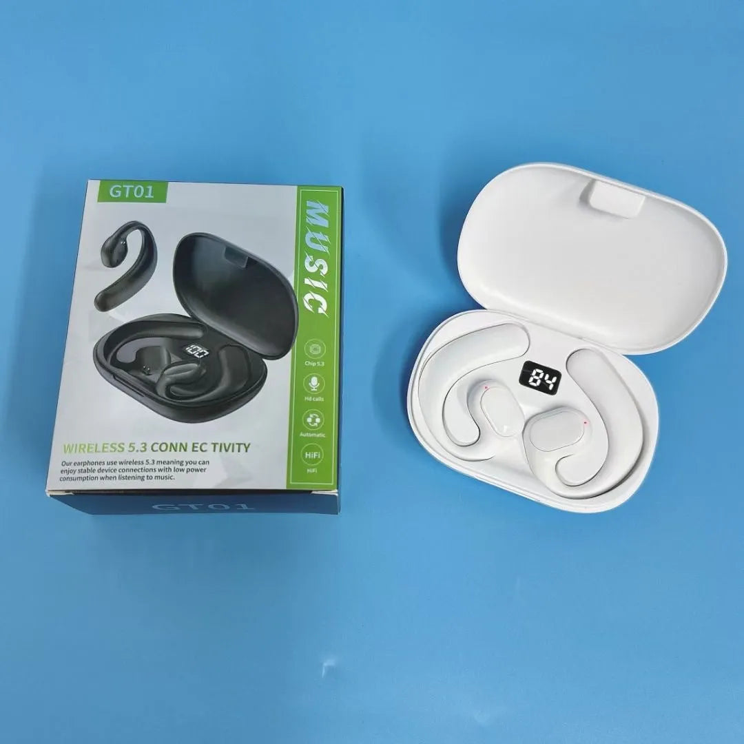 Black or white ear-mounted Bluetooth headset with digital display screen showing operational information