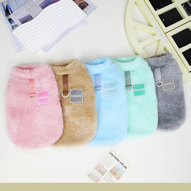 Coral fleece dog jacket with multi-colour pull ring fastening in blue colour option