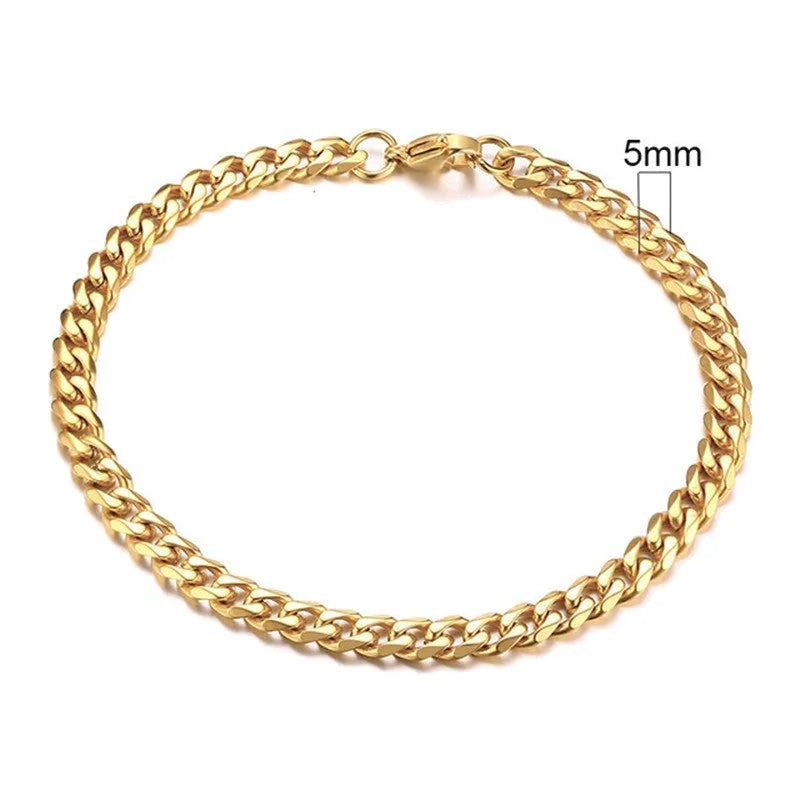Gold six-sided Cuban link metal bracelet shown in various widths and colour options.