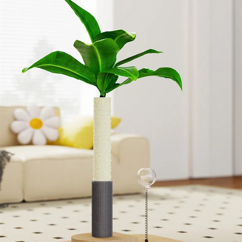 A canna-coloured solid wood cat scratching post with a vertical pole and an integrated food drop ball.