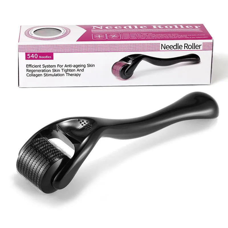 Black and purple derma rollers with titanium microneedles for face, beard, hair and scalp care