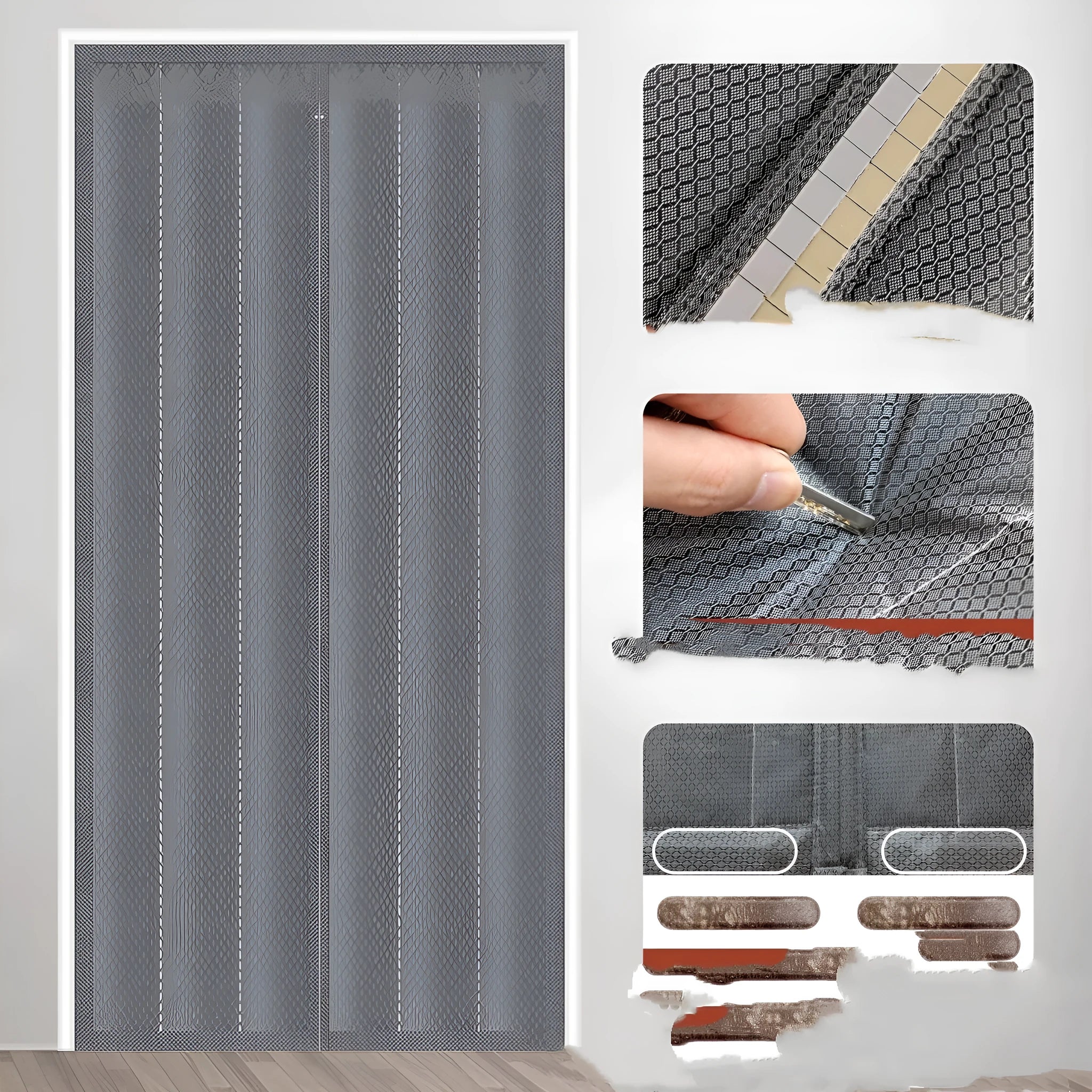 Full seam long magnetic strip cotton door curtain in grey diamond lattice pattern hanging in a doorway.