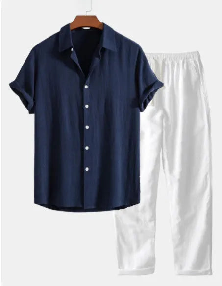 Cotton linen casual beachwear short sleeve suit with trousers and accessory set