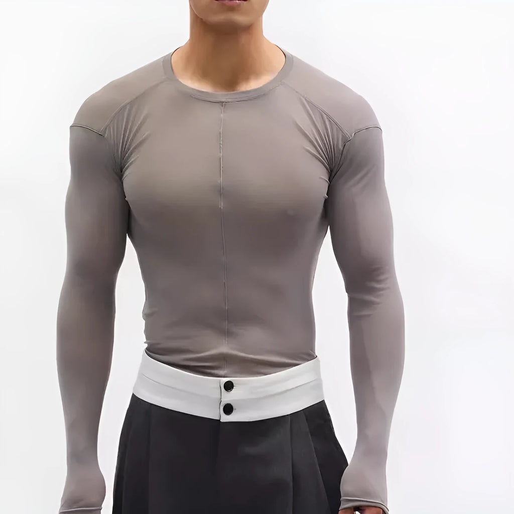 Black mesh see-through texture slim-fit long sleeve pullover with round collar