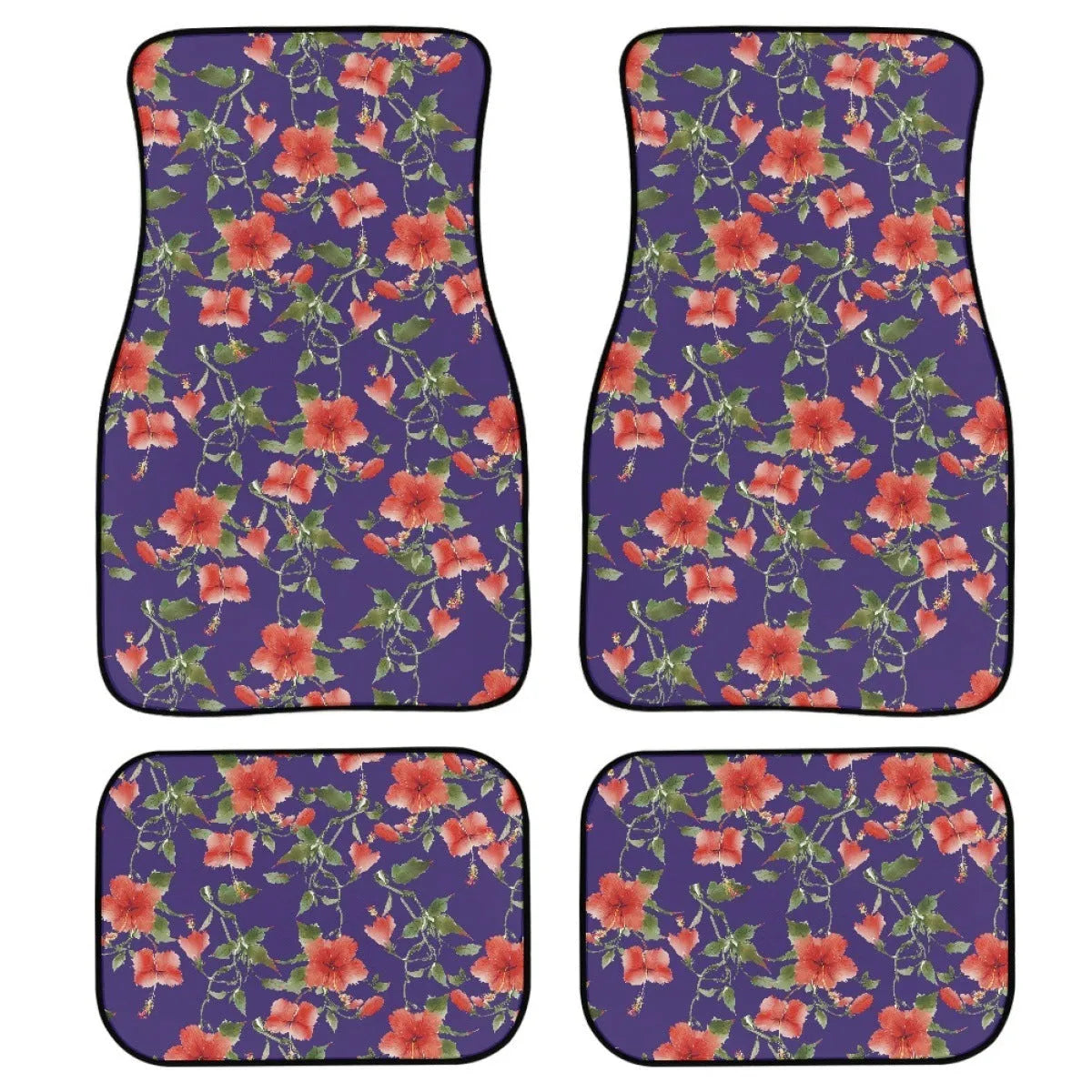 Four-piece set of black printed rubber car floor mats with a 20mm thickness and waterproof lining.