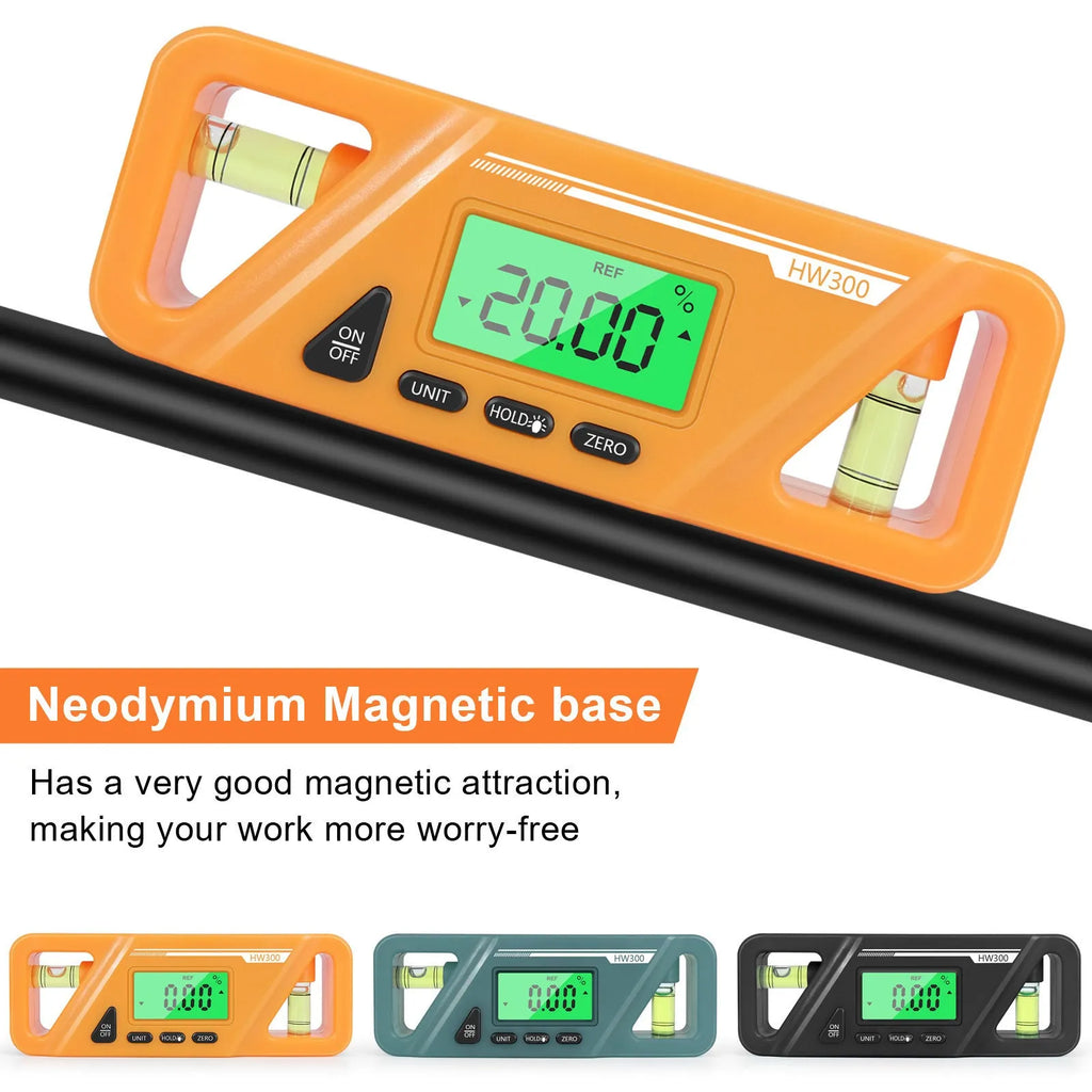 Black digital inclinometer level meter with LCD display and magnetic base, showing angle measurement.