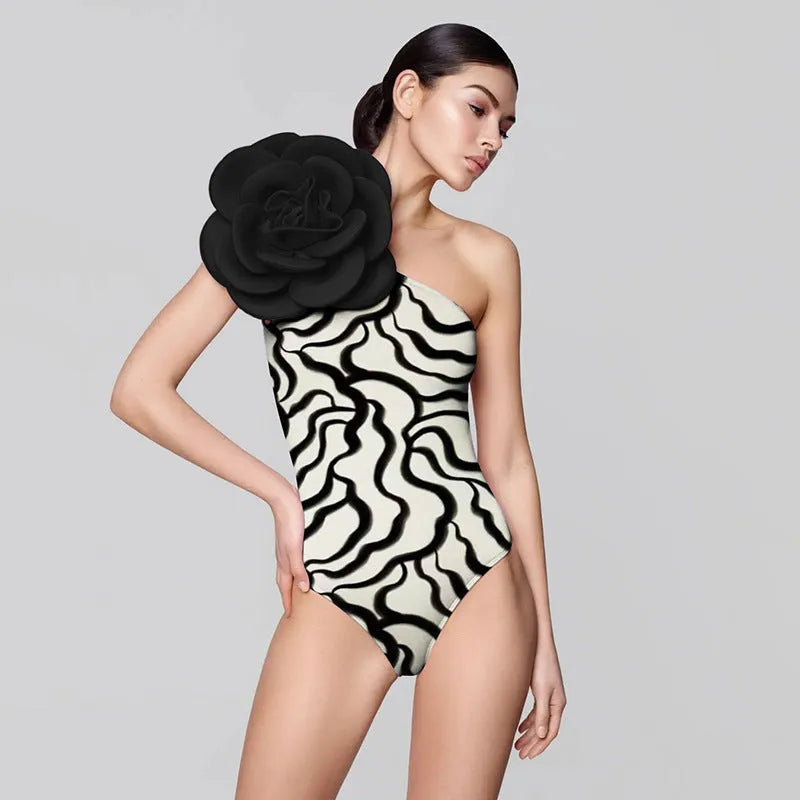 One-piece swimsuit with three-dimensional floral pattern showing European and American fit
