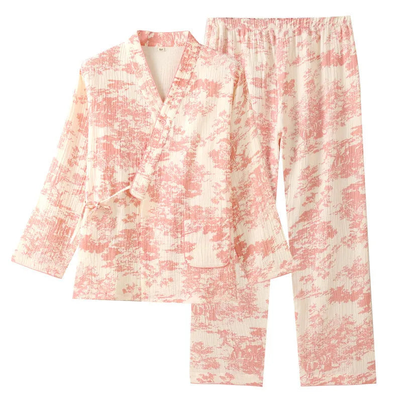 Women's pink cotton gauze trousers suit with lace-up top and long trousers for homewear
