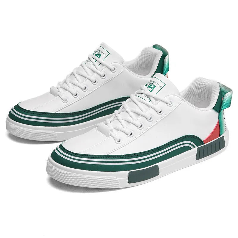 Men's casual canvas shoes with mesh panels in beige, white and green colours, flat heel design