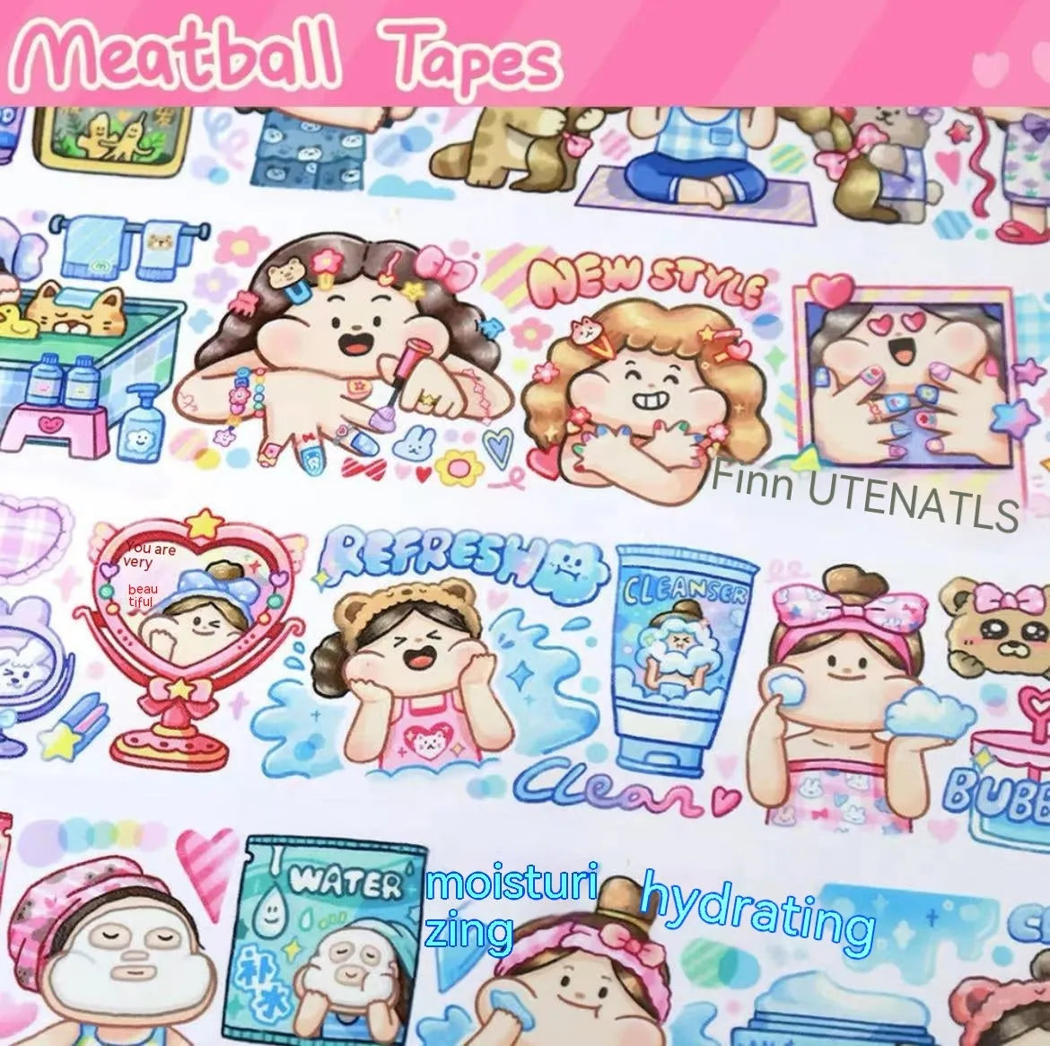 Sheet of cute cartoon character stickers for haemorrhoid tape packaging, printed on Japanese paper.