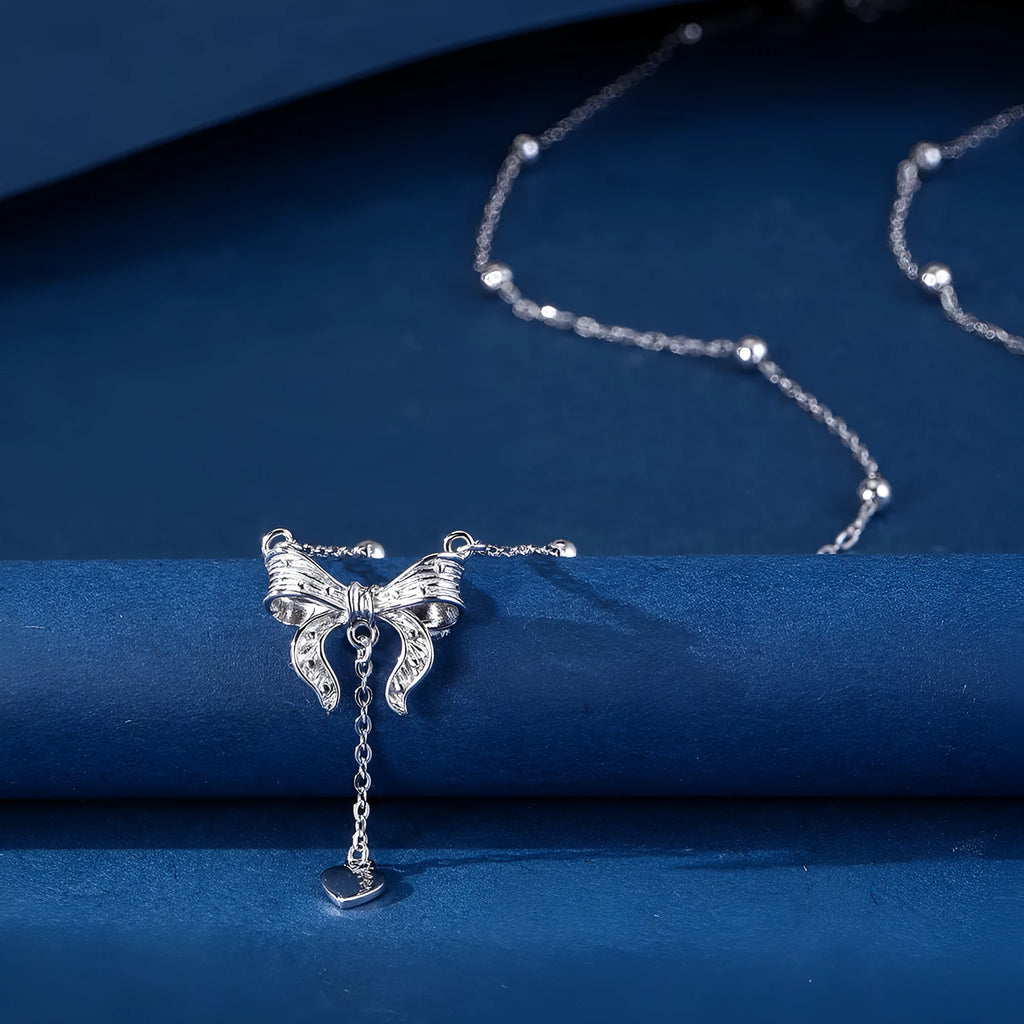 Silver butterfly heart pendant necklace on O-ring chain with adjustable length