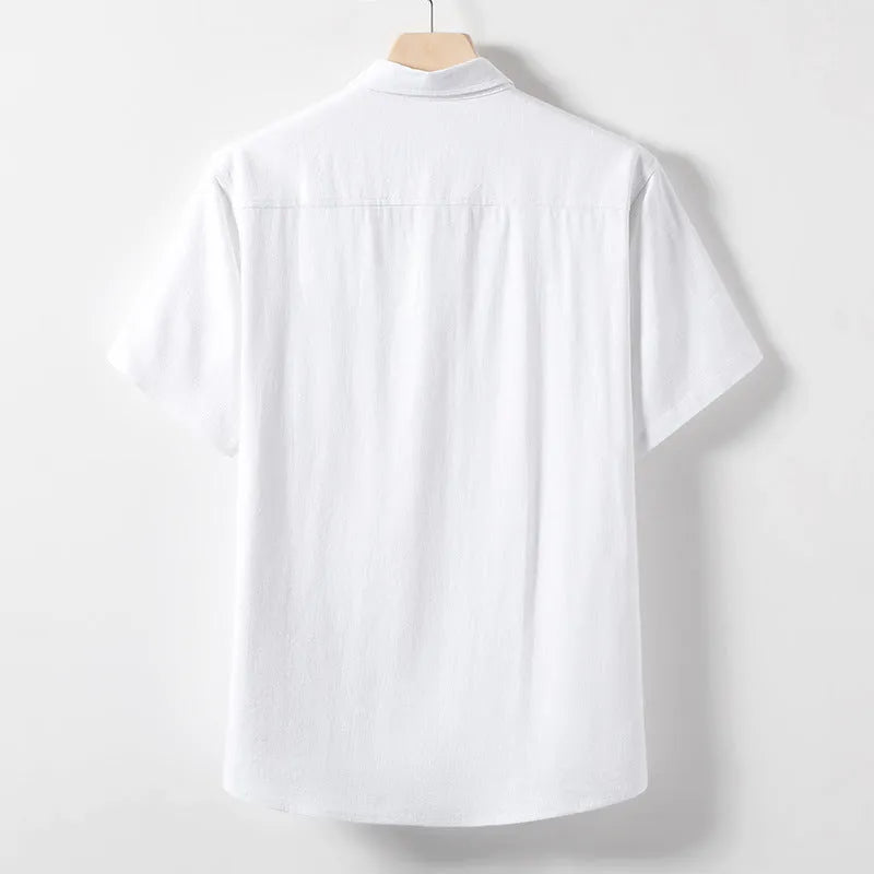 Men's loose lapel linen blend T-shirt in optic linen, black, or white.