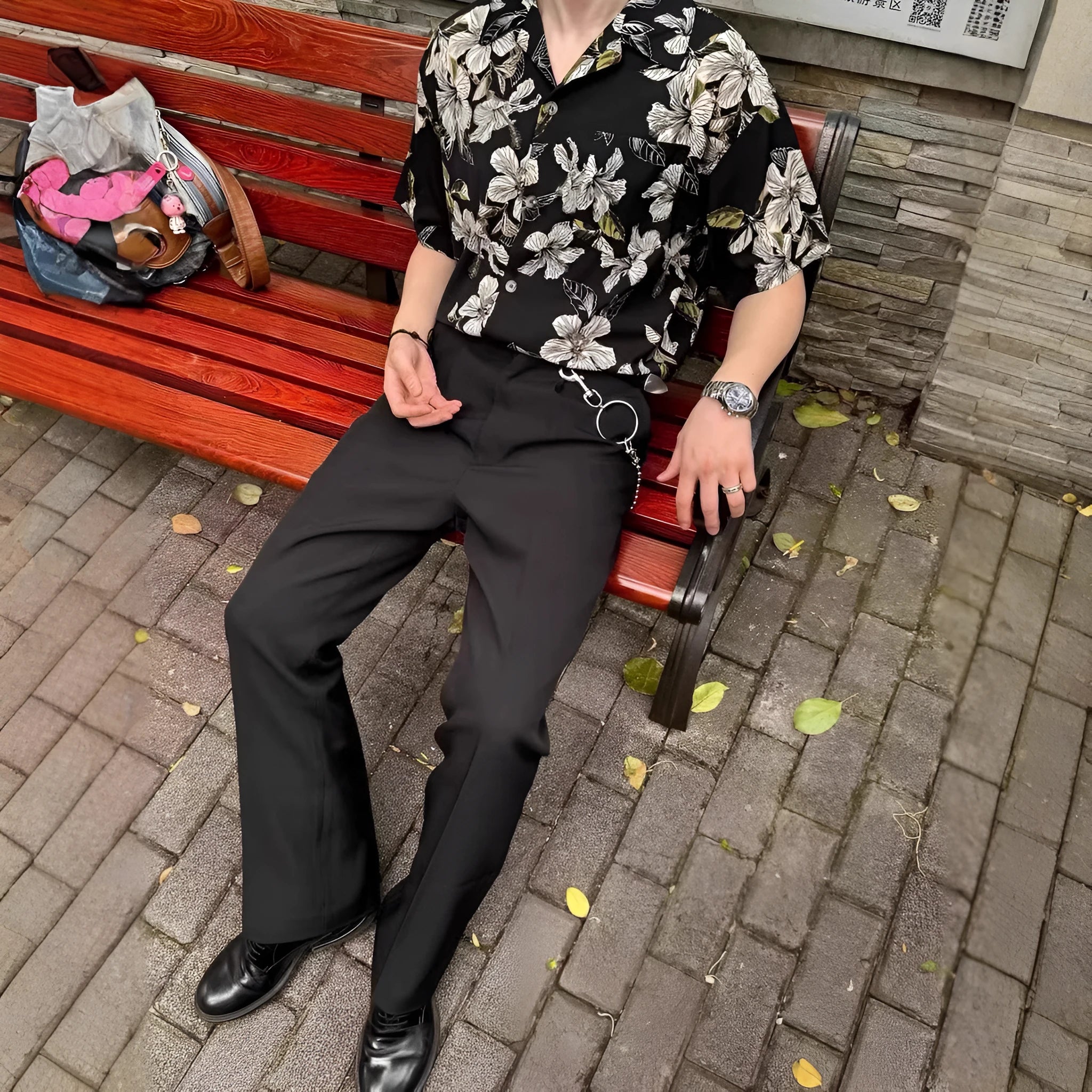 Black floral print mens shirt with vintage Cuban collar and short sleeves made from ice silk fabric