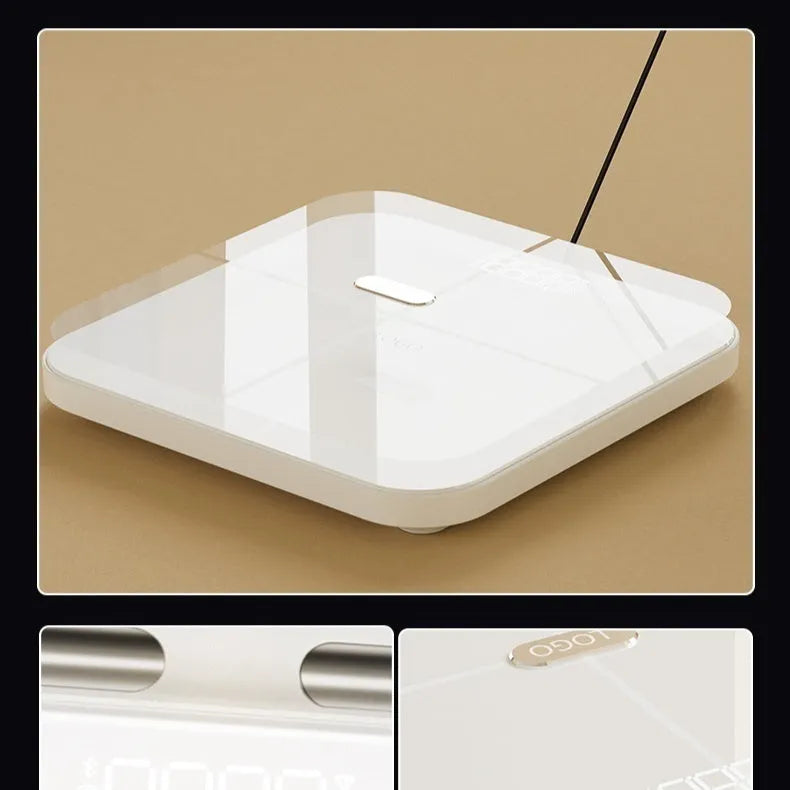 White tempered glass body fat scale with eight electrode sensors and LED display