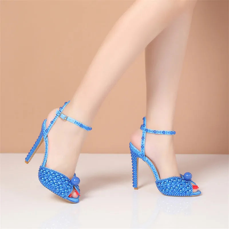 New peep-toe shallow mouth rhinestone pearl woman high-heeled shoes in beige