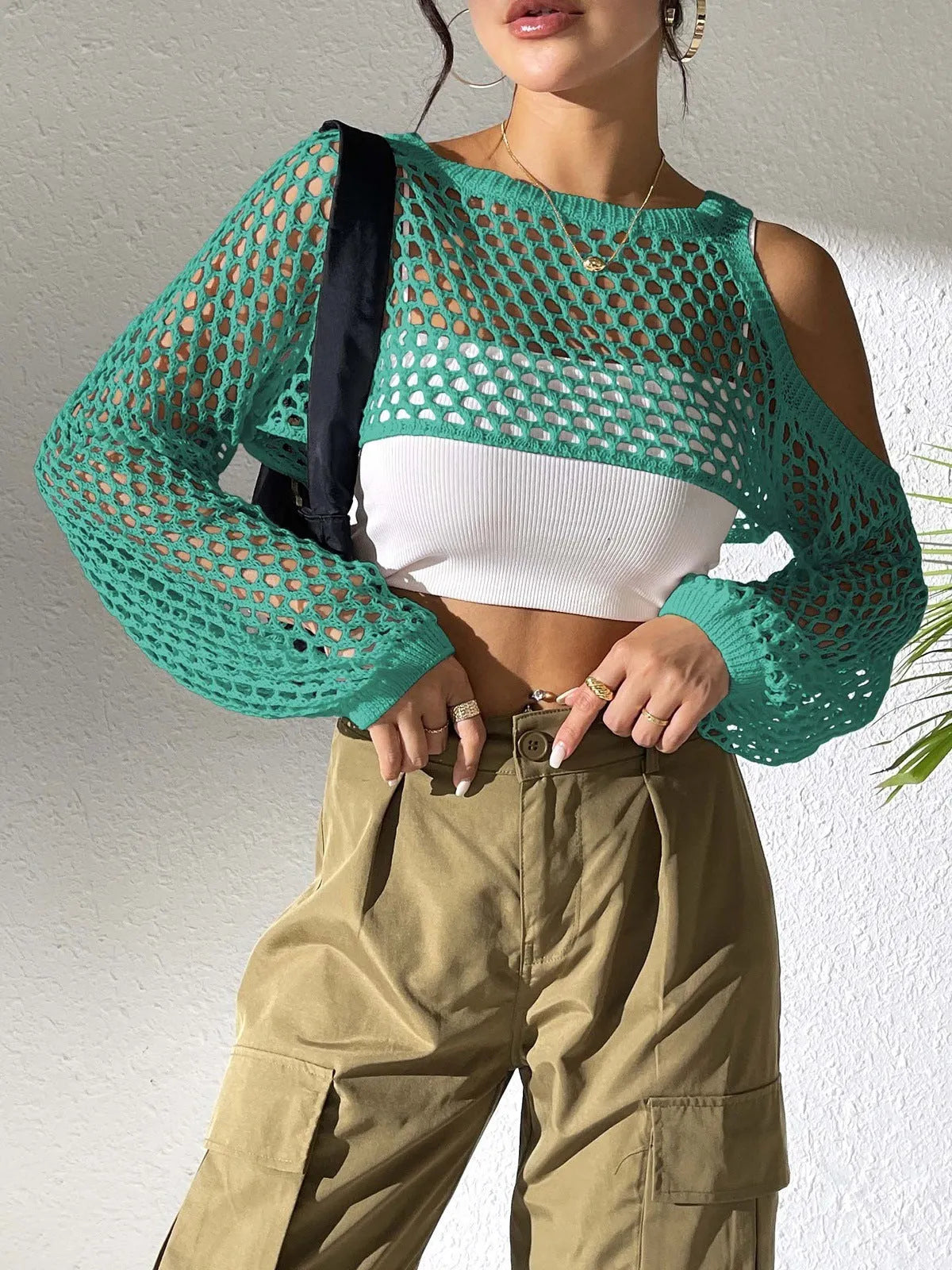 Sexy navel hollowed mesh beach shirt for couples in army green colour