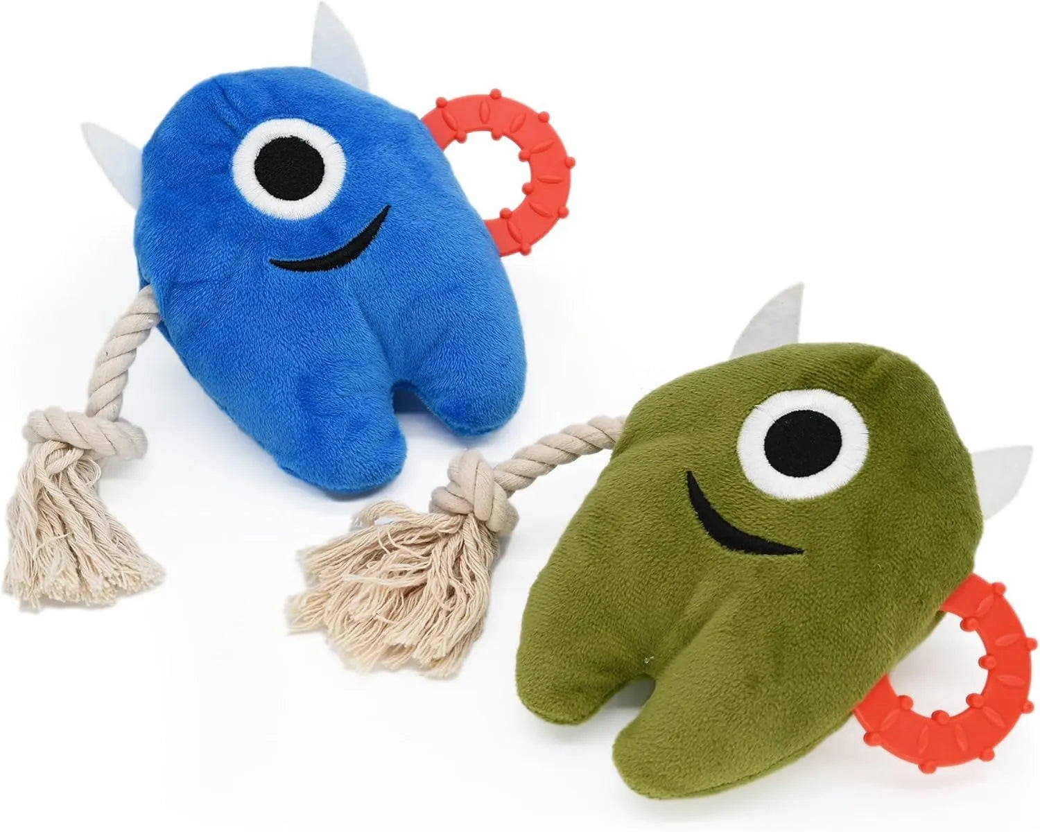 Blue and green plush dog toy with integrated cotton rope and a squeaker for chew and tug play.