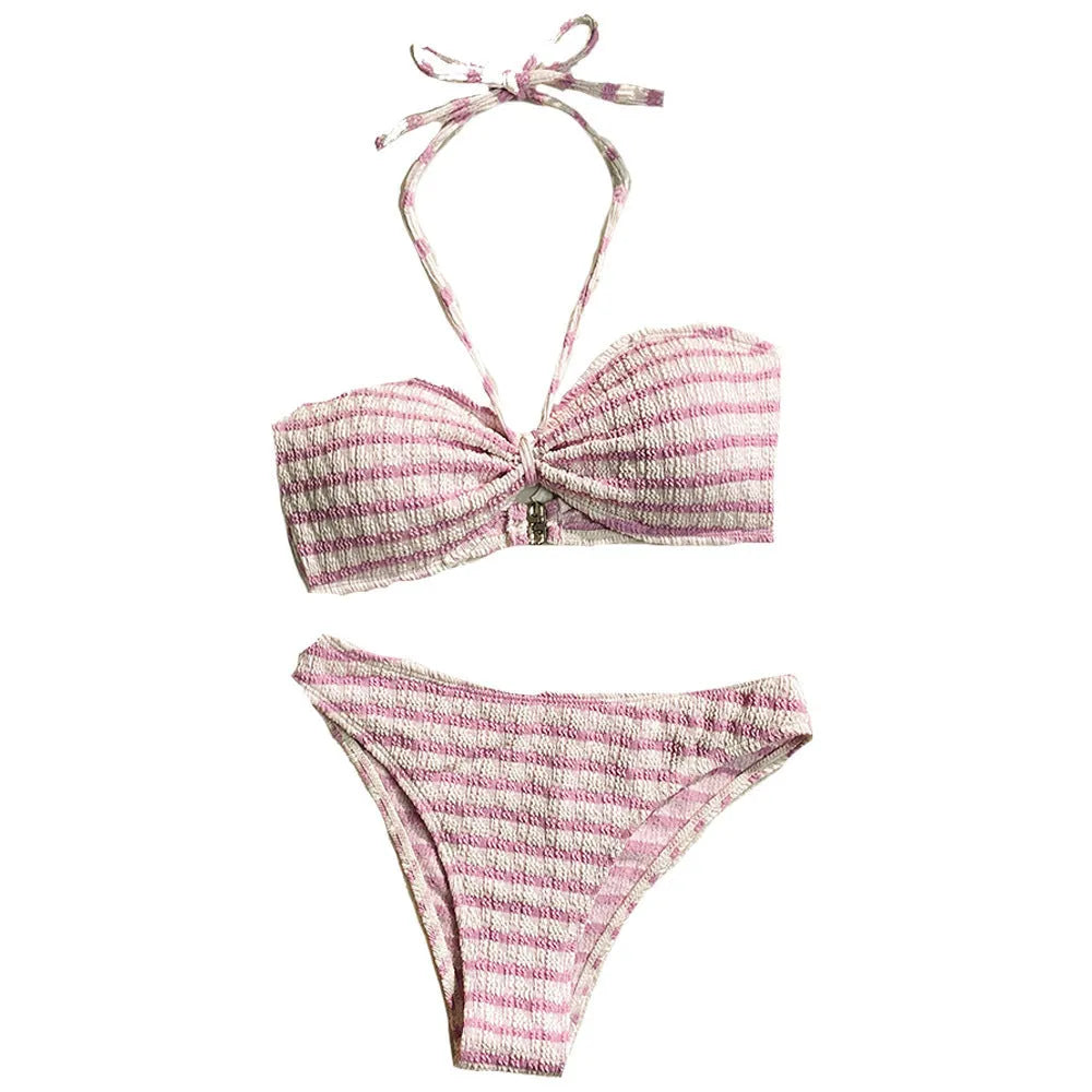 Women's bikini split striped printed swimsuit in pink, polyester fibre, sizes S to L