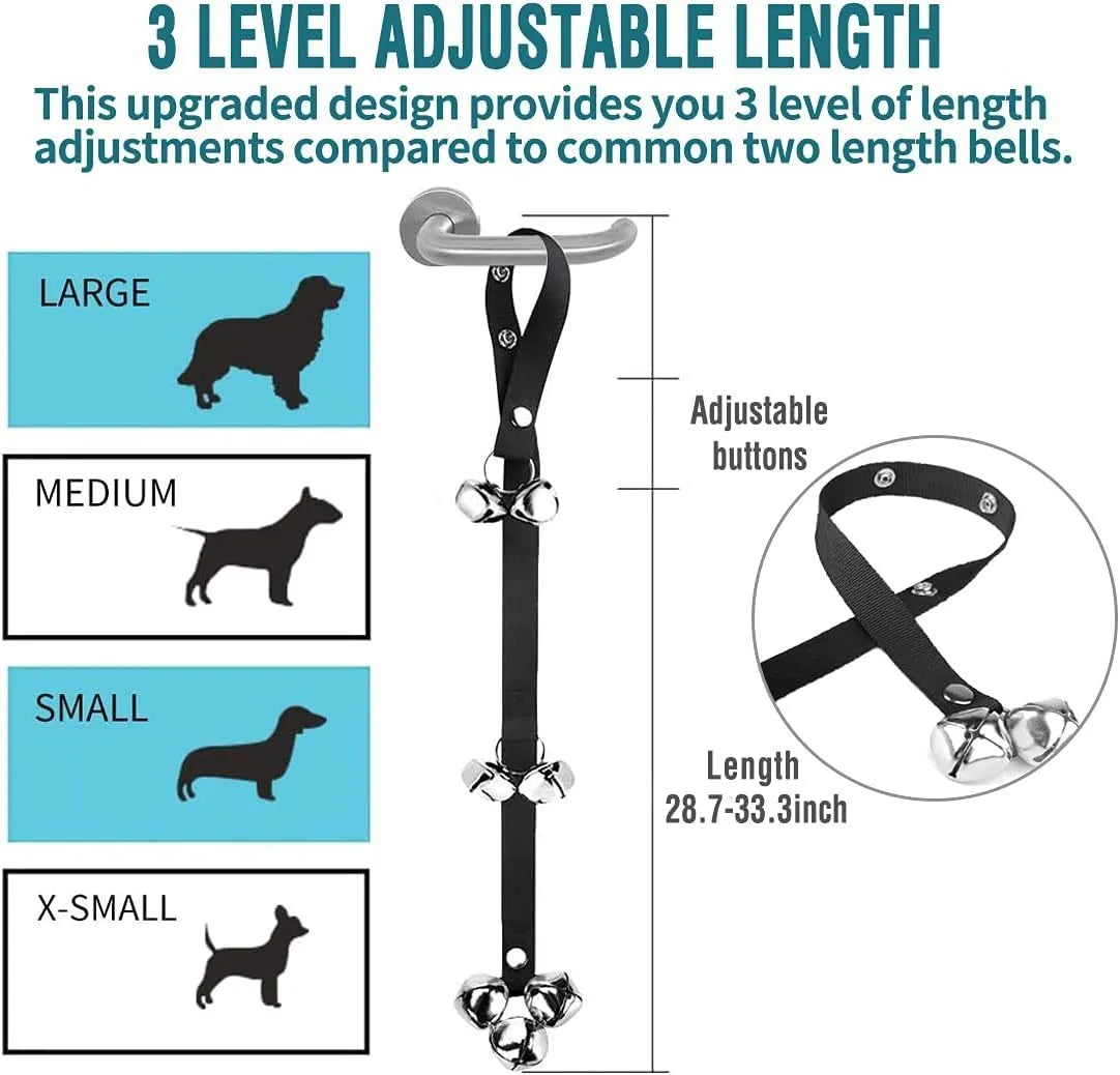 Adjustable dog training doorbell with shiny silver metal bells on a black nylon strap