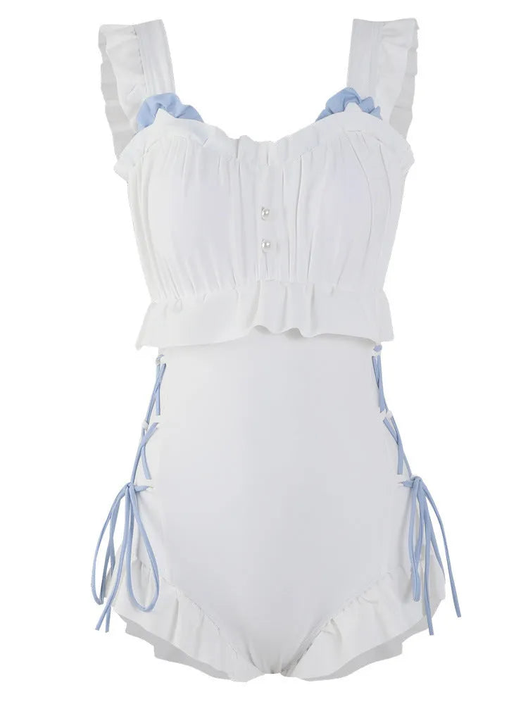 Milky white backless one-piece swimsuit for women on a mannequin.