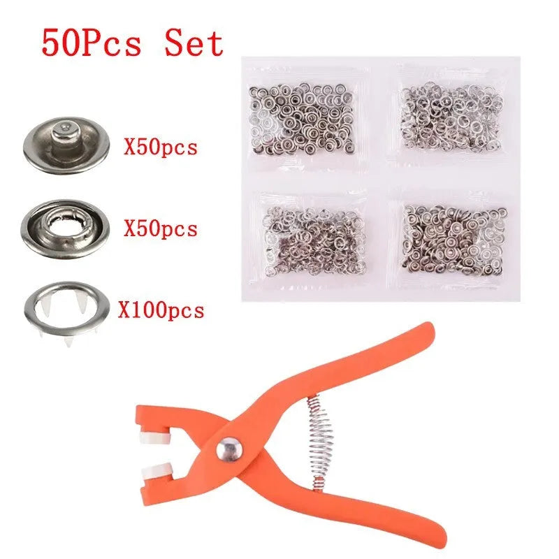 Five claw stainless steel no sew suit buttons for children's clothing, shown with plier tool.