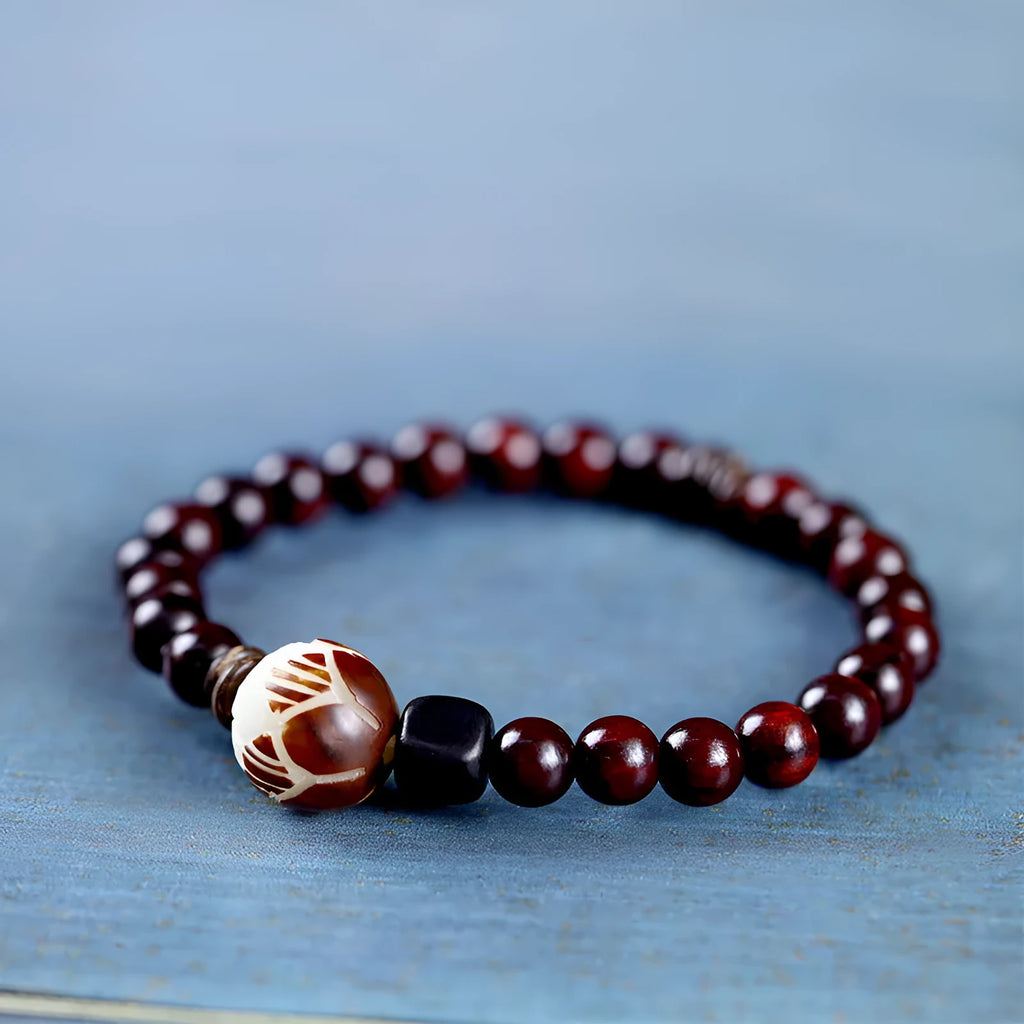 Natural rosewood double-ring bracelet with 10mm flower-shaped beads and hand-knitted construction