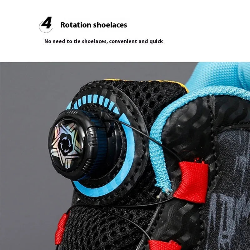 Children's rotating button basketball shoes in black synthetic leather with a cushioned PU sole.