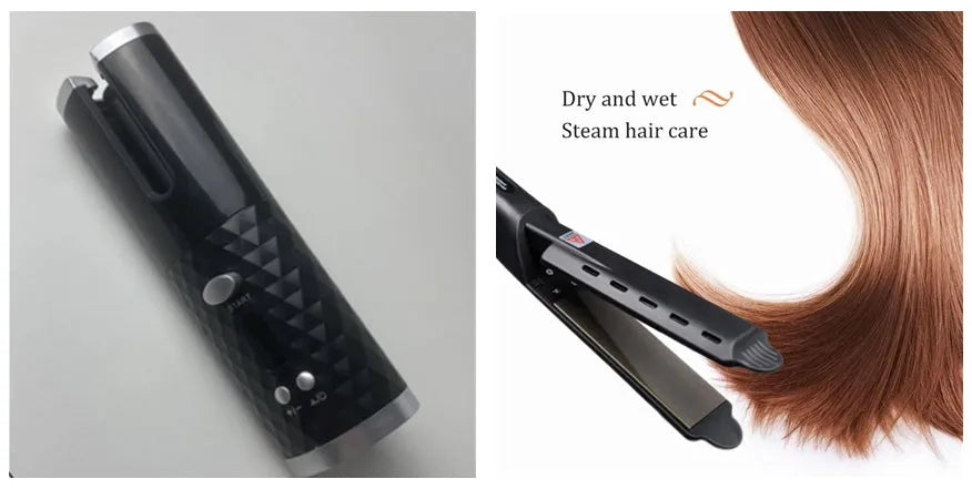 Portable automatic curling iron with USB charging port and gold ceramic barrel in white colour