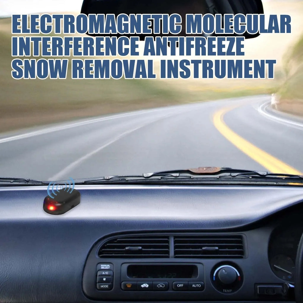 Black car snow deicer tool measuring 5cm by 2.6cm by 1.5cm on a car dashboard.