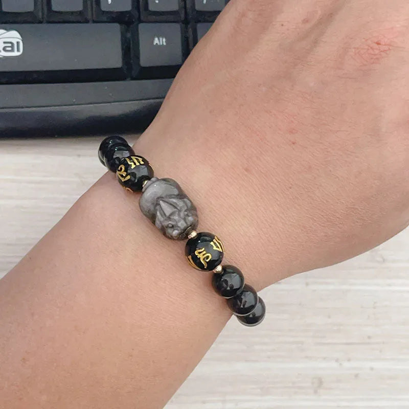 Silver stone men's bracelet with Chinese zodiac symbols and engraved proverbs on beaded design