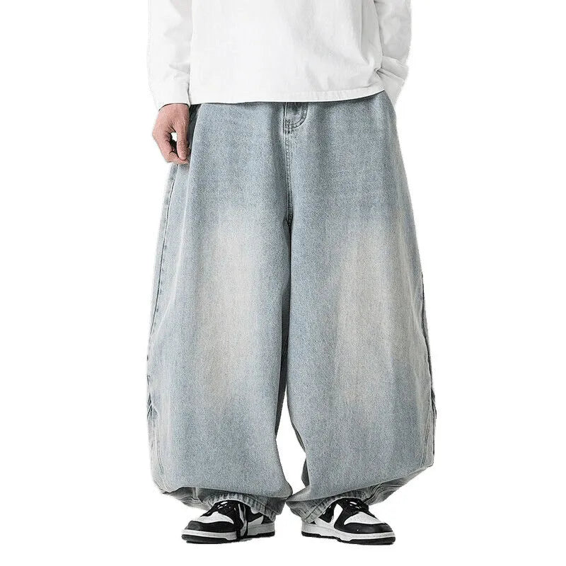 Men's plus size wide leg casual jeans in dark blue denim with straight leg opening