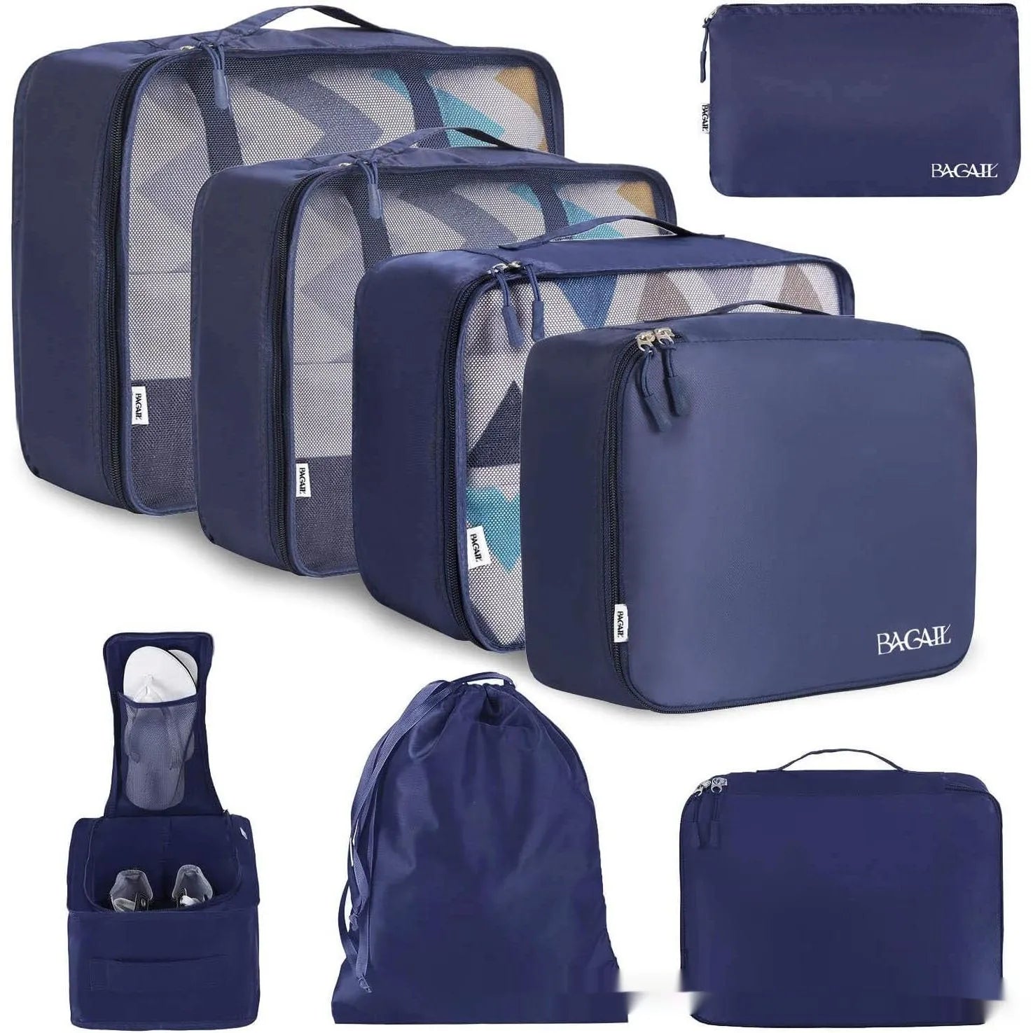 Eight cubic travel packing bags in various colours including beige, black, pink leopard print, and white pink stripes