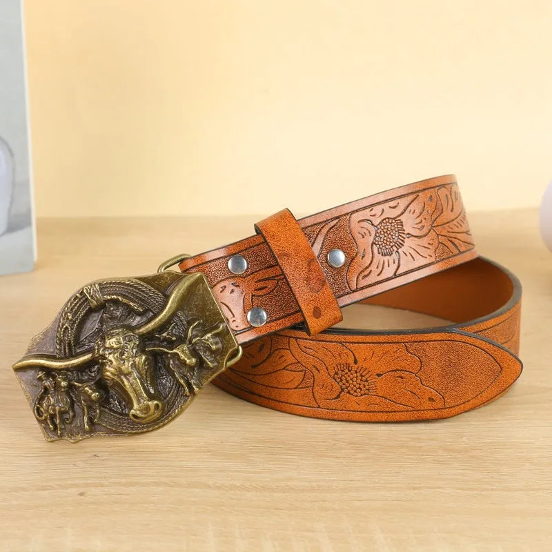 Men's brown imitation leather belt with a detailed metal cow head buckle and pin clasp.