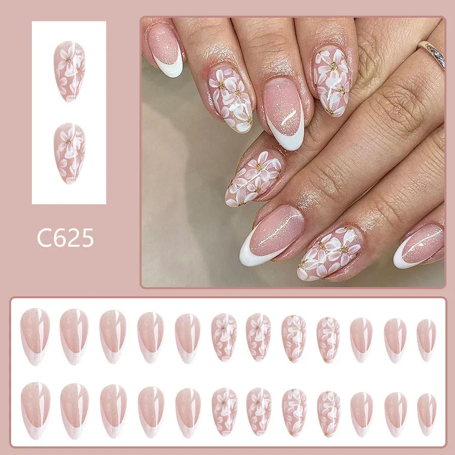French style glossy short almond artificial nails with glitter powder floral patterns in colour C625