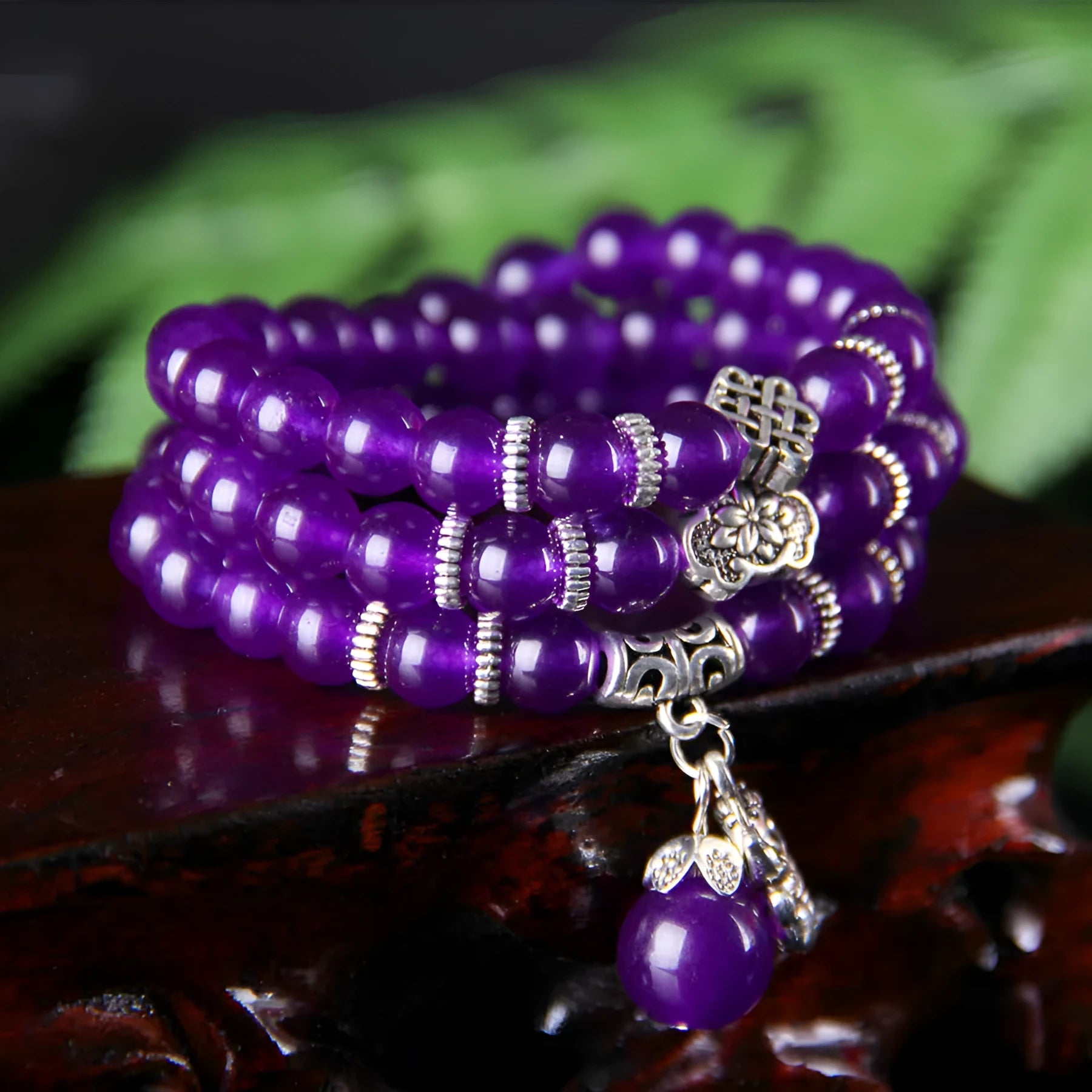 Natural purple chalcedony bracelet with three-circle ethnic design for women