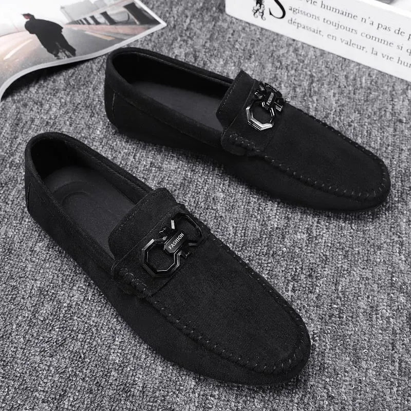 Men's black and grey suede casual shoes with breathable design and rubber soles