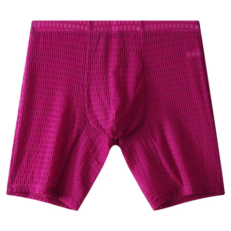 Men's lengthened transparent lace boxer shorts on a neutral background, showing mid waist and leg detail.