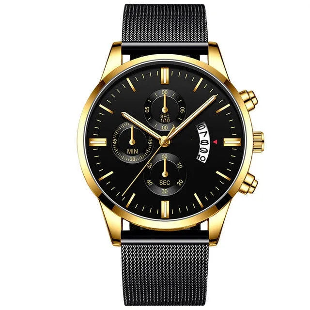 Men's stainless steel mesh band quartz watch showing analogue dial and choice of colour finishes.