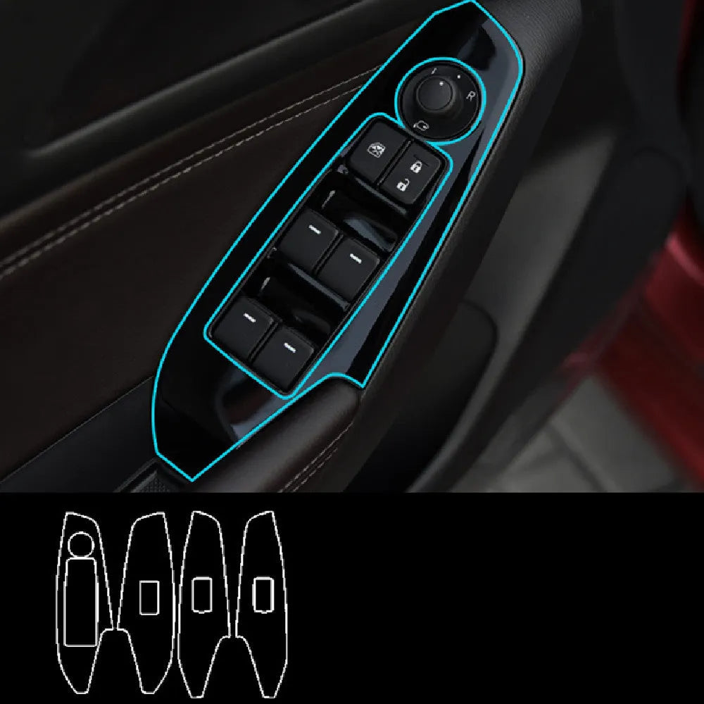 Set of four TPU transparent protective films for car door control panels on a 2014-2019 vehicle.
