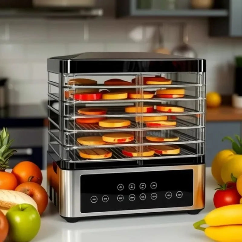 Silver stainless steel food dehydrator appliance with digital control panel on a kitchen counter.