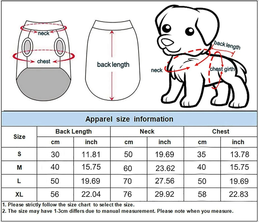 Striped Halloween harness pants costume for dogs and cats with knife accessory, showing sizing chart